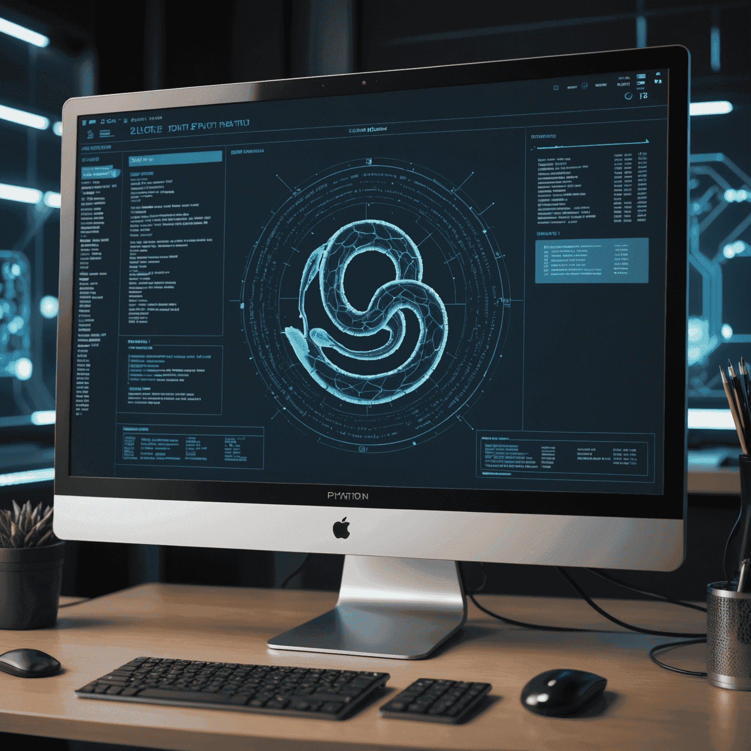 Kod Python wyświetlony na nowoczesnym monitorze komputerowym z futurystycznym interfejsem