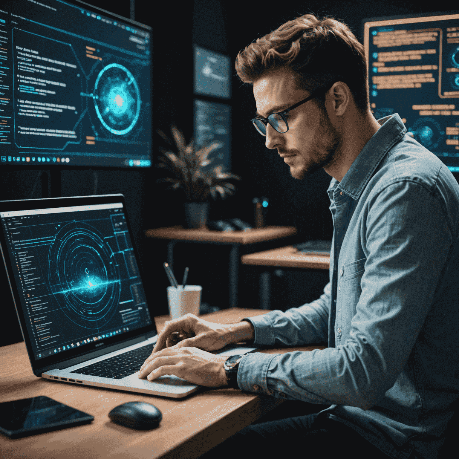 Programista pracujący nad responsywną stroną internetową na laptopie, otoczony holograficznymi wyświetlaczami z kodem i projektami interfejsu użytkownika
