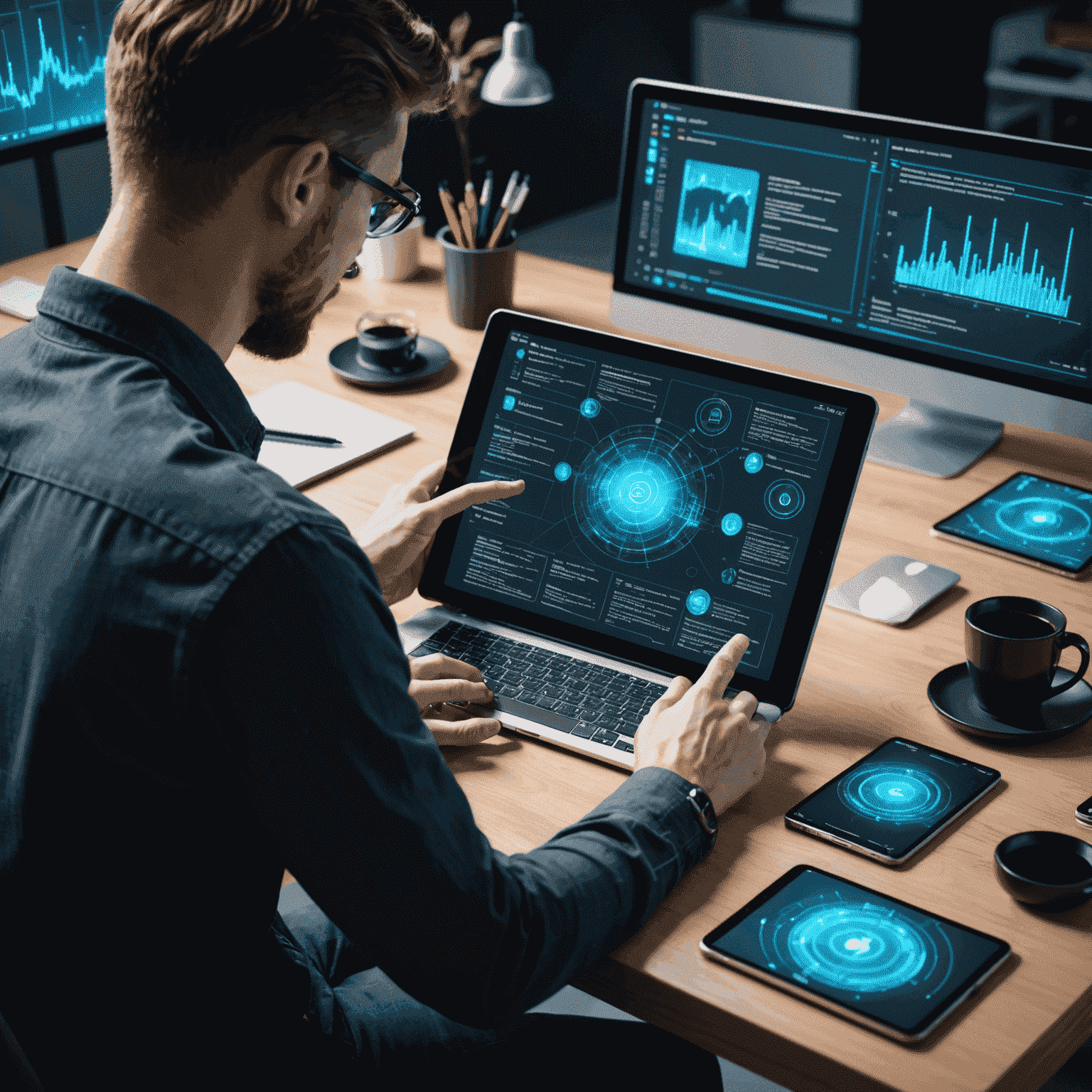 Programista pracujący nad aplikacją mobilną na tablecie i smartfonie, z holograficznymi wyświetlaczami kodu i interfejsu użytkownika unoszącymi się wokół